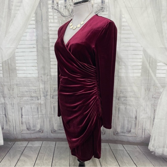 Alex Marie Long Sleeve Solid Mahogany Red Velvet Ruched Faux Wrap Dress V Neck - Picture 7 of 12